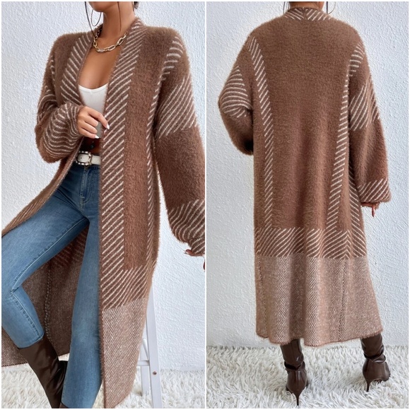 Cozy Color Block Stripes Fuzzy Open Front Cardigan - Picture 6 of 12